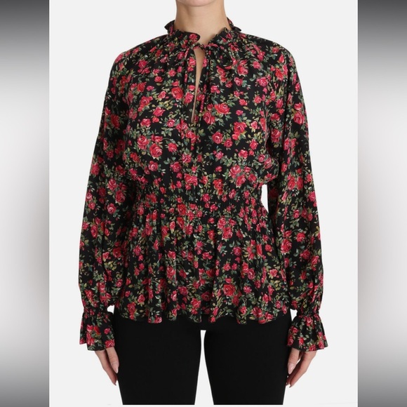 Authentic Dolce & Gabbana Rose Floral Silk AOP Blouse Shirt Top Ruffle Detail S - Picture 11 of 16